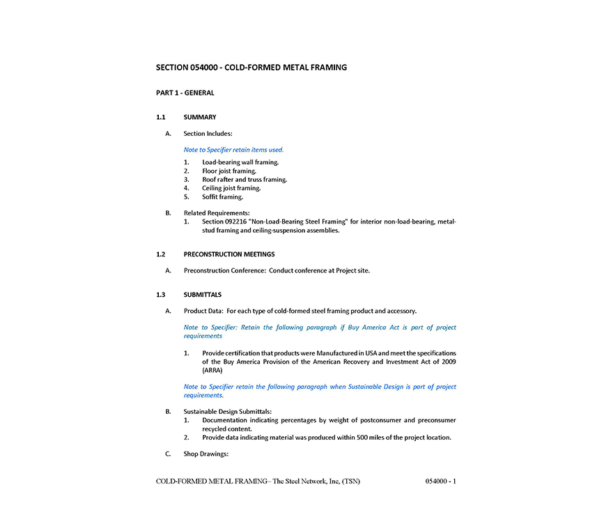 Architectural Specification Section 054000 - Cold-Formed Metal Framing