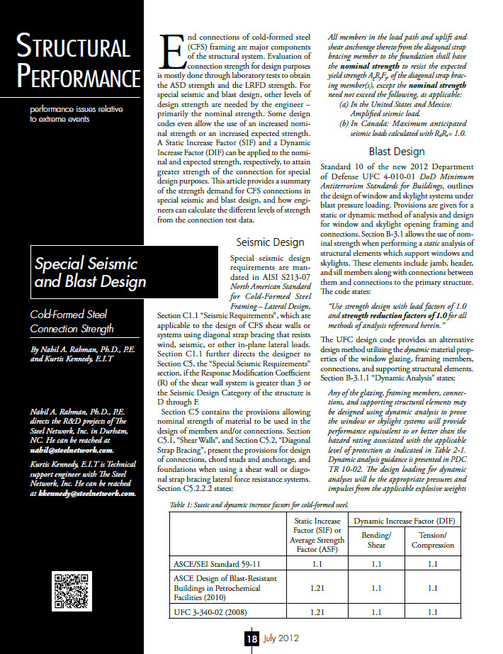 Special Seismic & Blast Design – Cold-Formed Steel Connection Strength