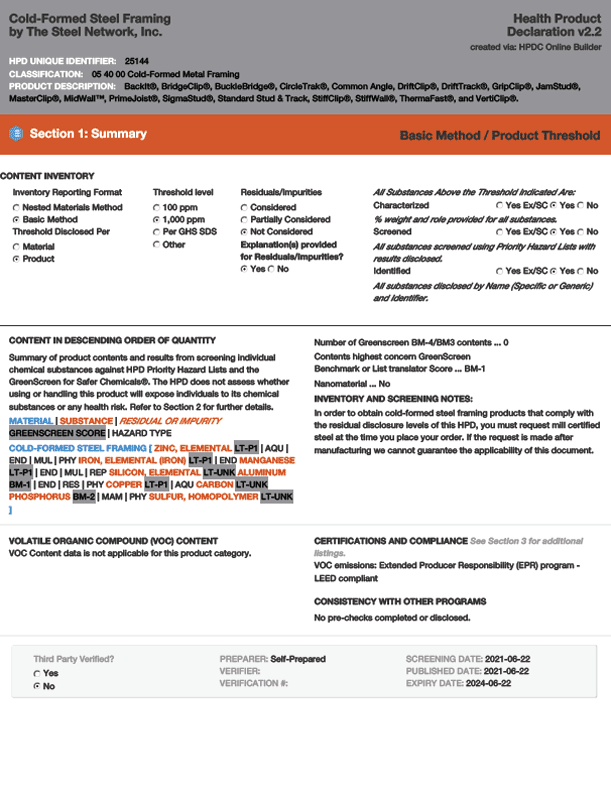 Health Product Declaration for Cold-Formed Steel Framing